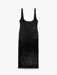 Pullu Payetli Kolsuz U Yaka Midi Slim Fit Abiye Elbise