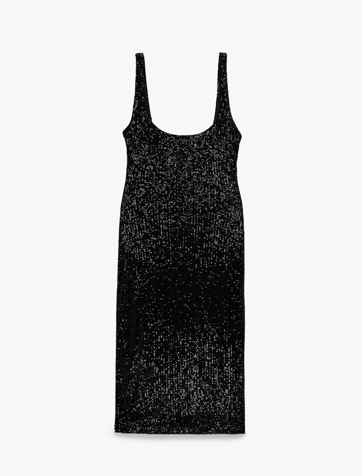  Pullu Payetli Kolsuz U Yaka Midi Slim Fit Abiye Elbise