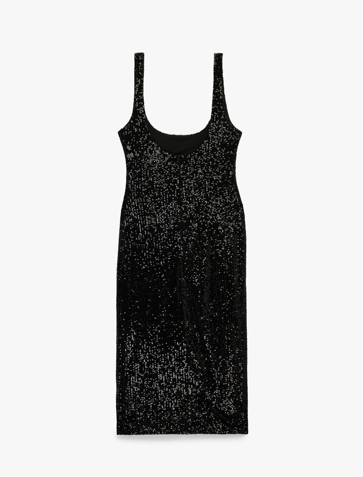  Pullu Payetli Kolsuz U Yaka Midi Slim Fit Abiye Elbise