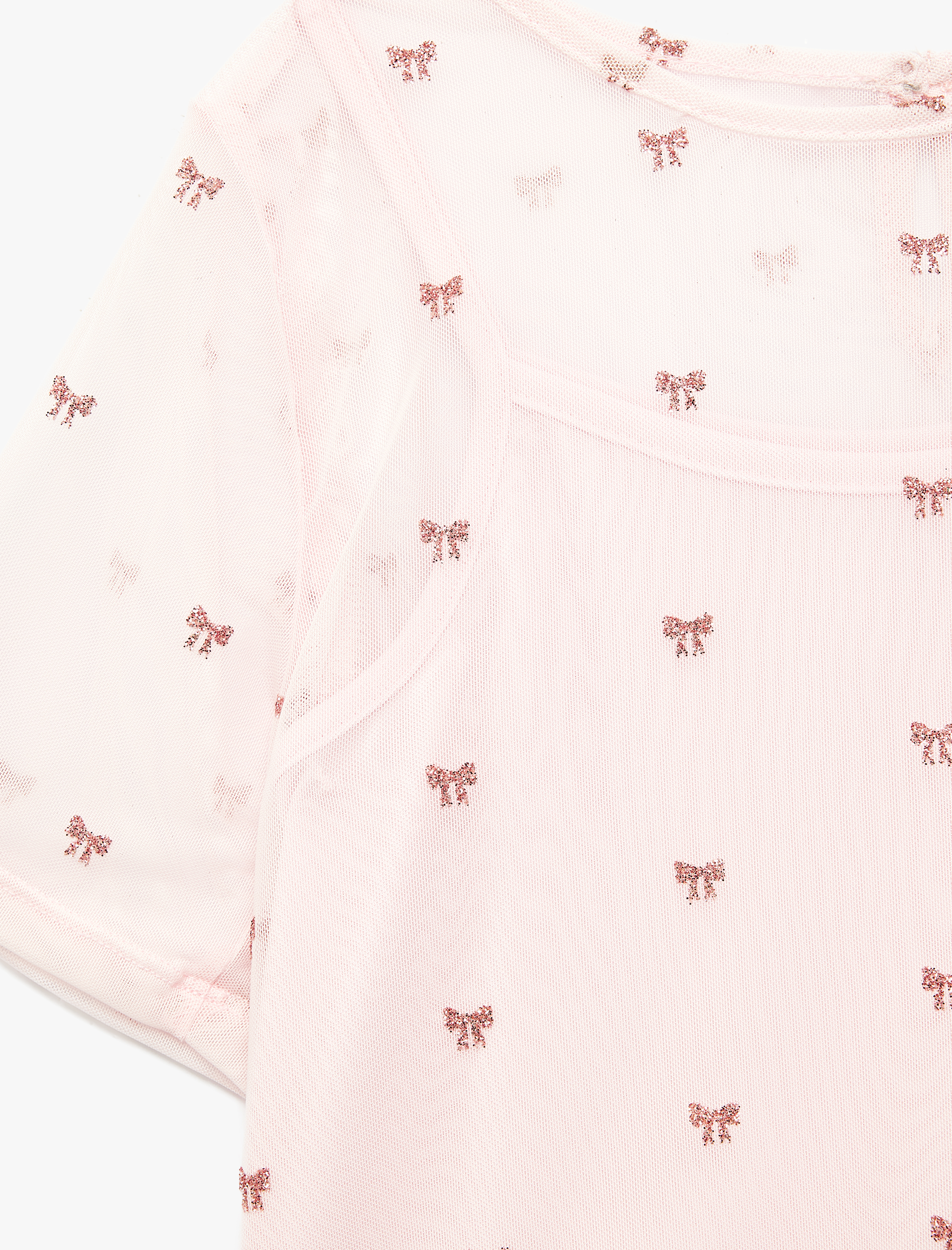  Kız Çocuk Tül Katmanlı Kısa Kollu Bisiklet Yaka Fiyonk Baskılı Bluz