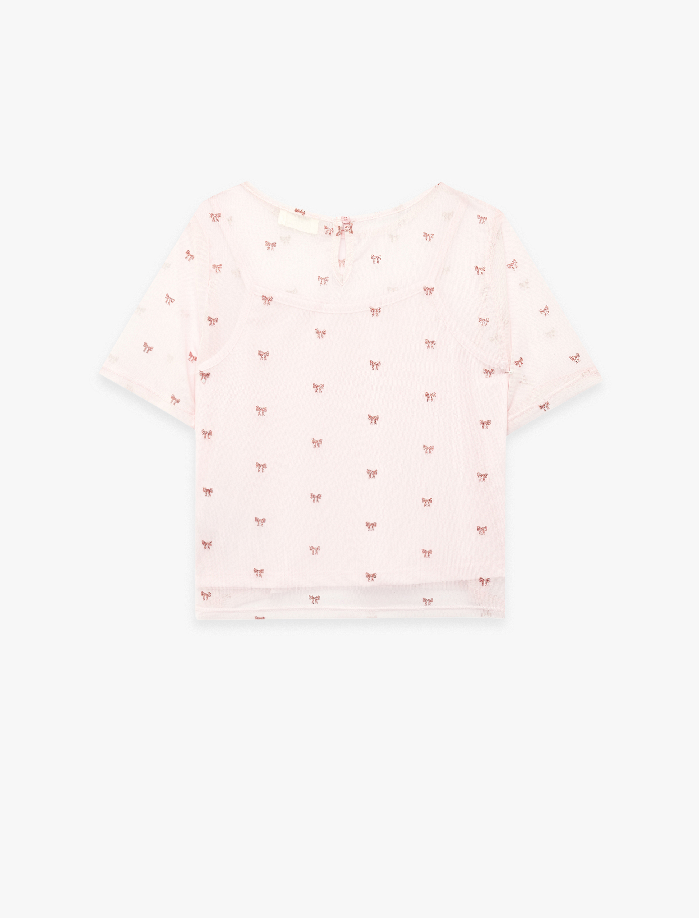  Kız Çocuk Tül Katmanlı Kısa Kollu Bisiklet Yaka Fiyonk Baskılı Bluz