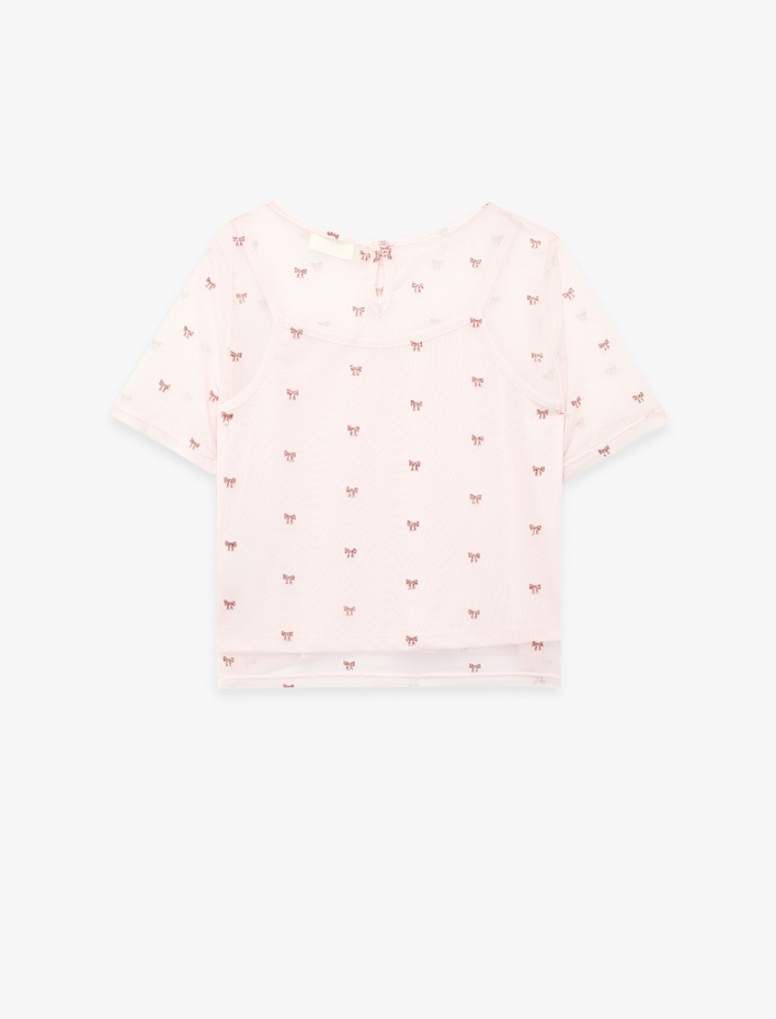 Kız Çocuk Tül Katmanlı Kısa Kollu Bisiklet Yaka Fiyonk Baskılı Bluz