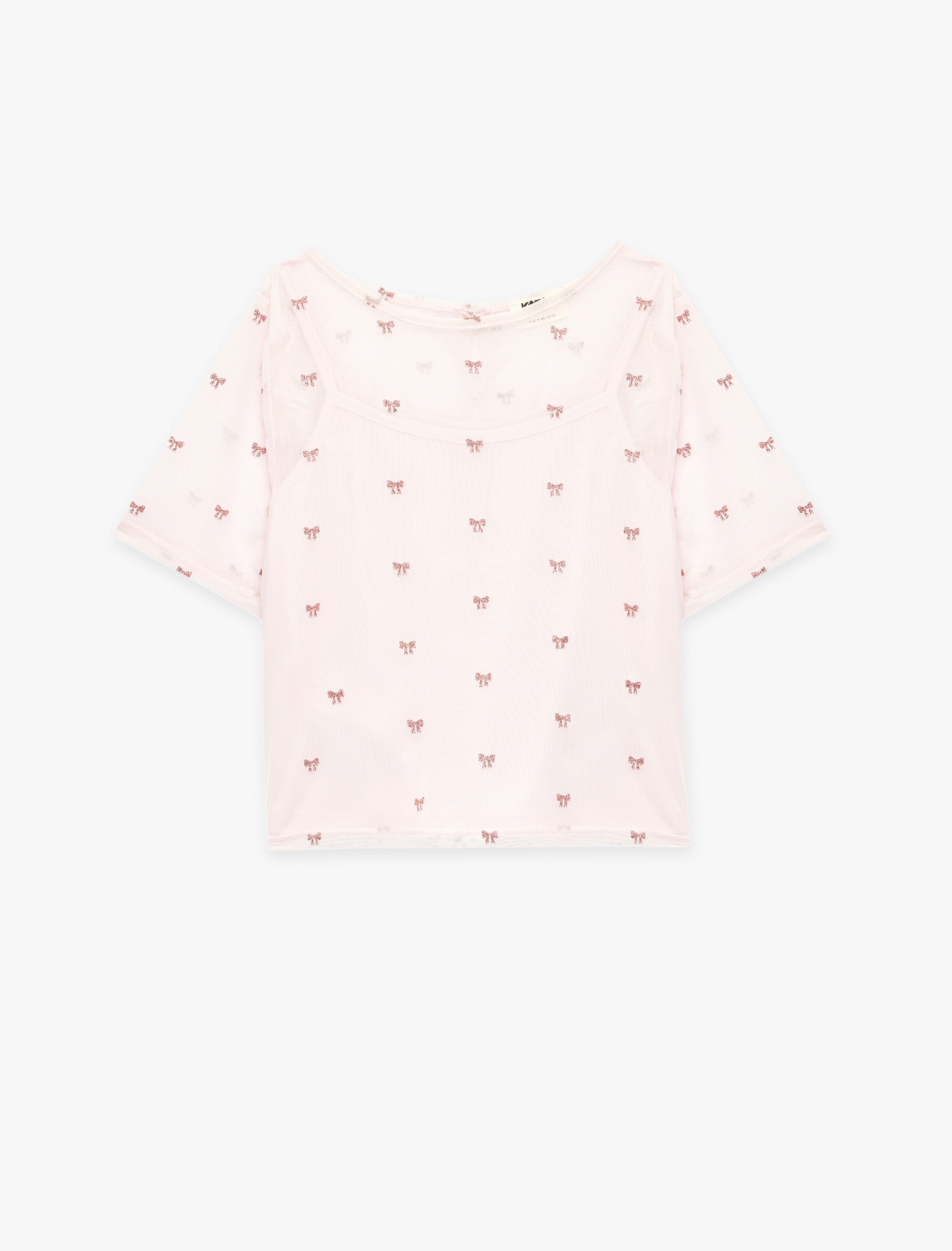  Kız Çocuk Tül Katmanlı Kısa Kollu Bisiklet Yaka Fiyonk Baskılı Bluz