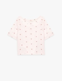 Tül Katmanlı Kısa Kollu Bisiklet Yaka Fiyonk Baskılı Bluz