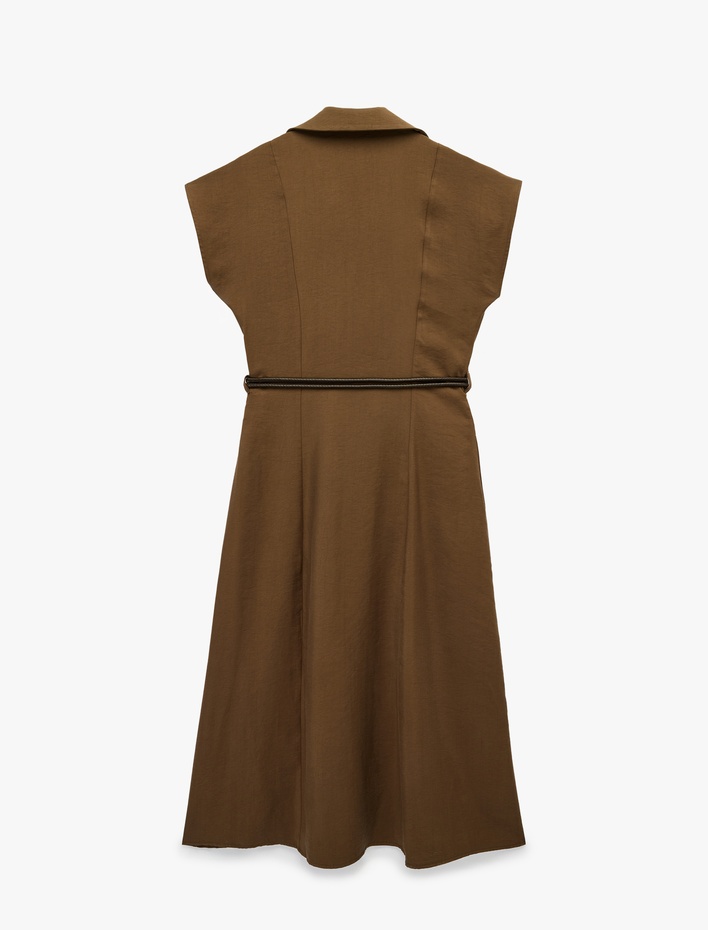  Kap Kol Kaçık Gömlek Yaka Kemerli Midi Elbise