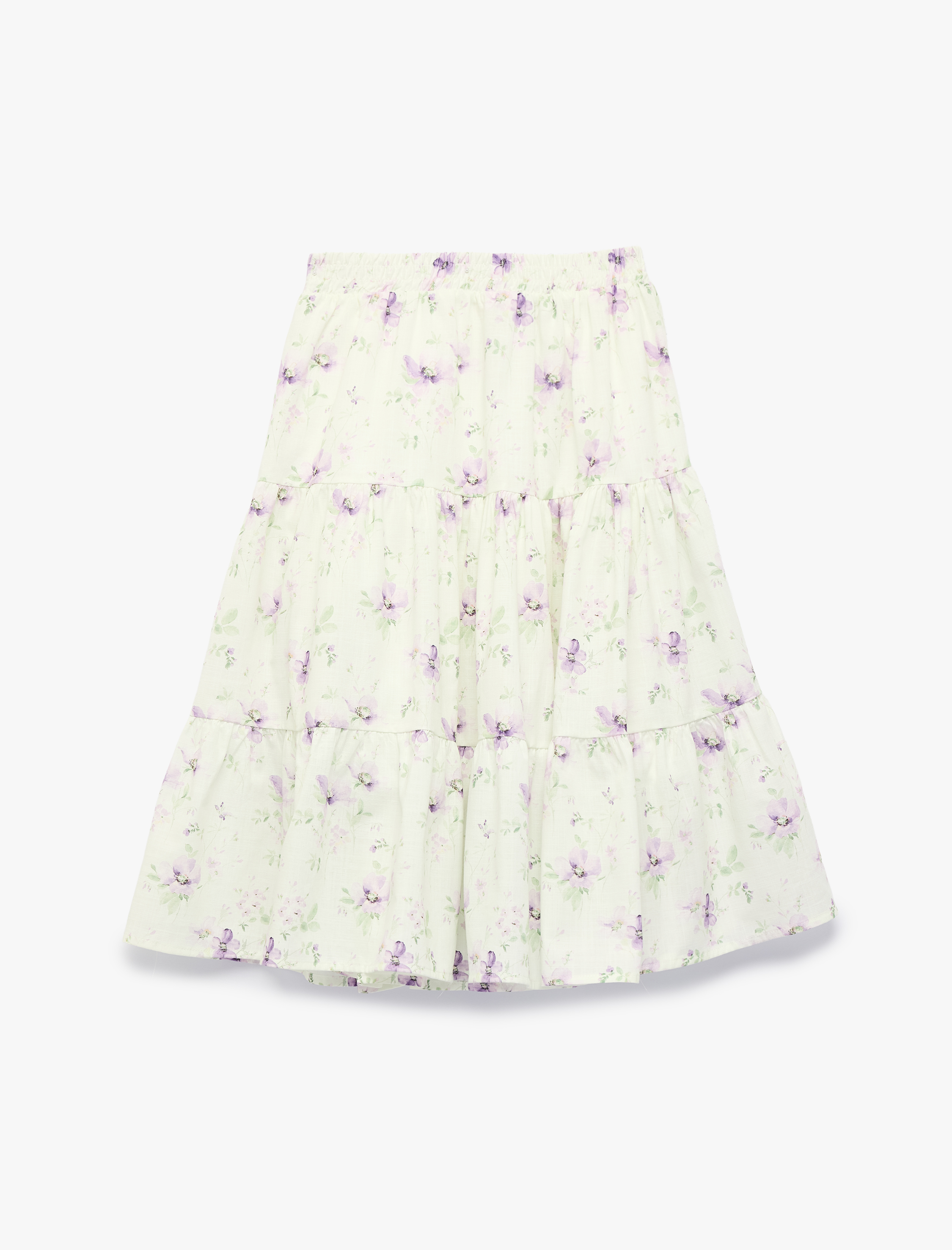  Kız Çocuk Pamuklu Kat Detaylı Beli Lastikli Astarlı Çiçekli Midi Etek