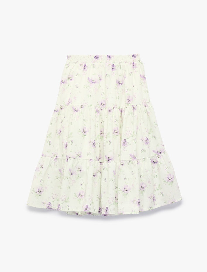 Kız Çocuk Pamuklu Kat Detaylı Beli Lastikli Astarlı Çiçekli Midi Etek