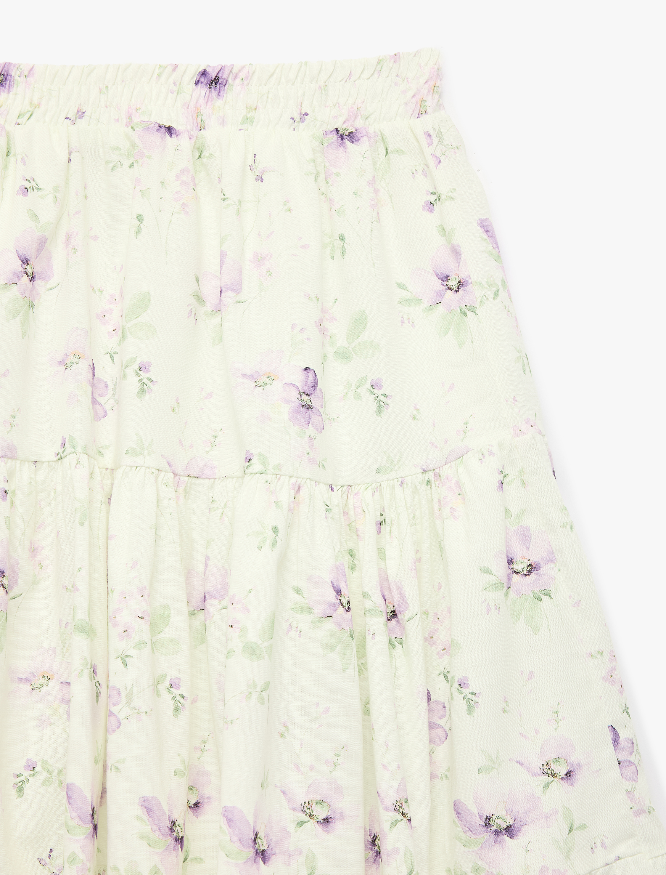  Kız Çocuk Pamuklu Kat Detaylı Beli Lastikli Astarlı Çiçekli Midi Etek