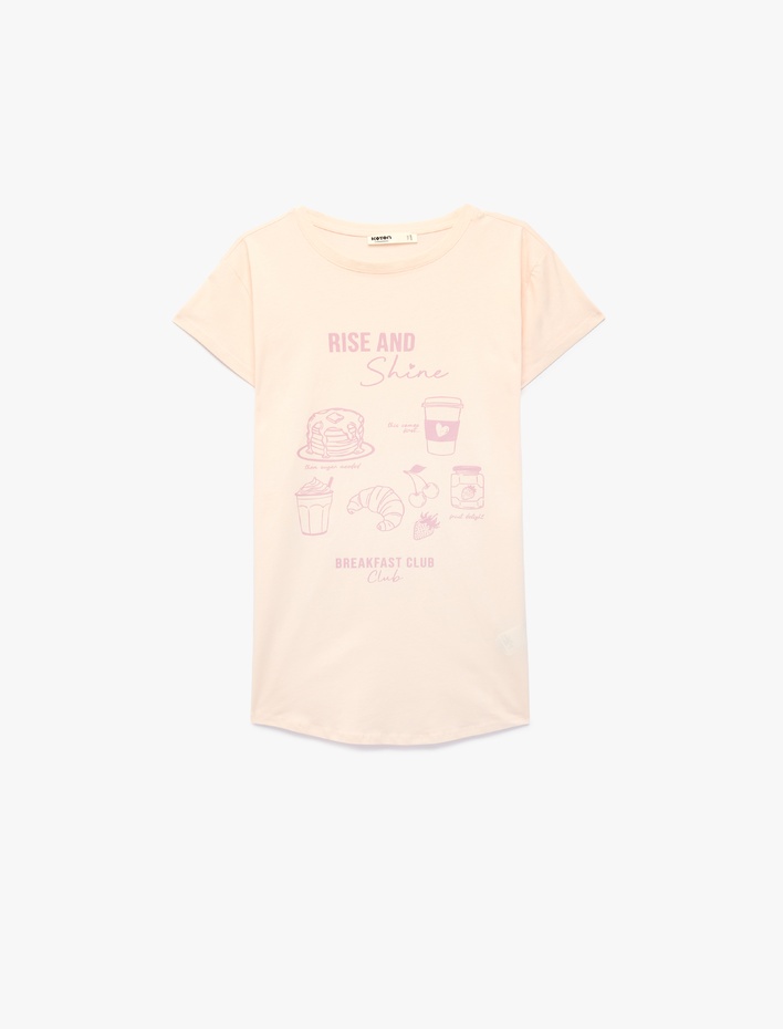  Rahat Kalıp Kısa Kollu Bisiklet Yaka Baskılı Pamuklu Gecelik