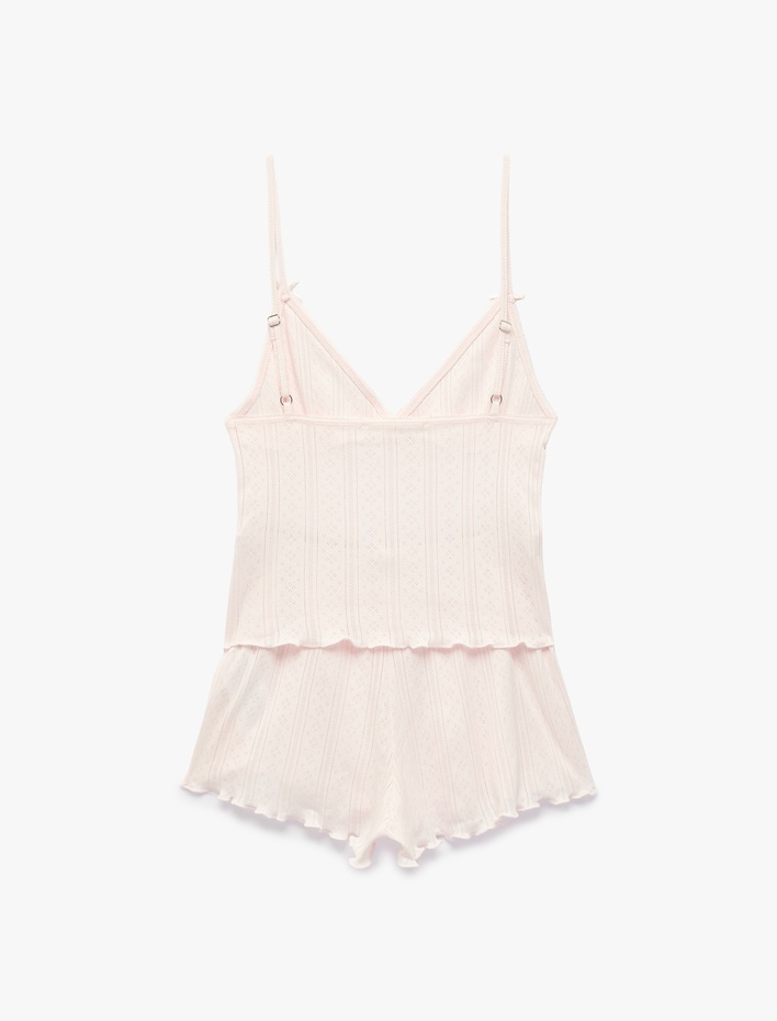  Rahat Kalıp Fiyonk Detaylı Pamuklu İnce Askılı Şortlu Örme Pijama Takımı