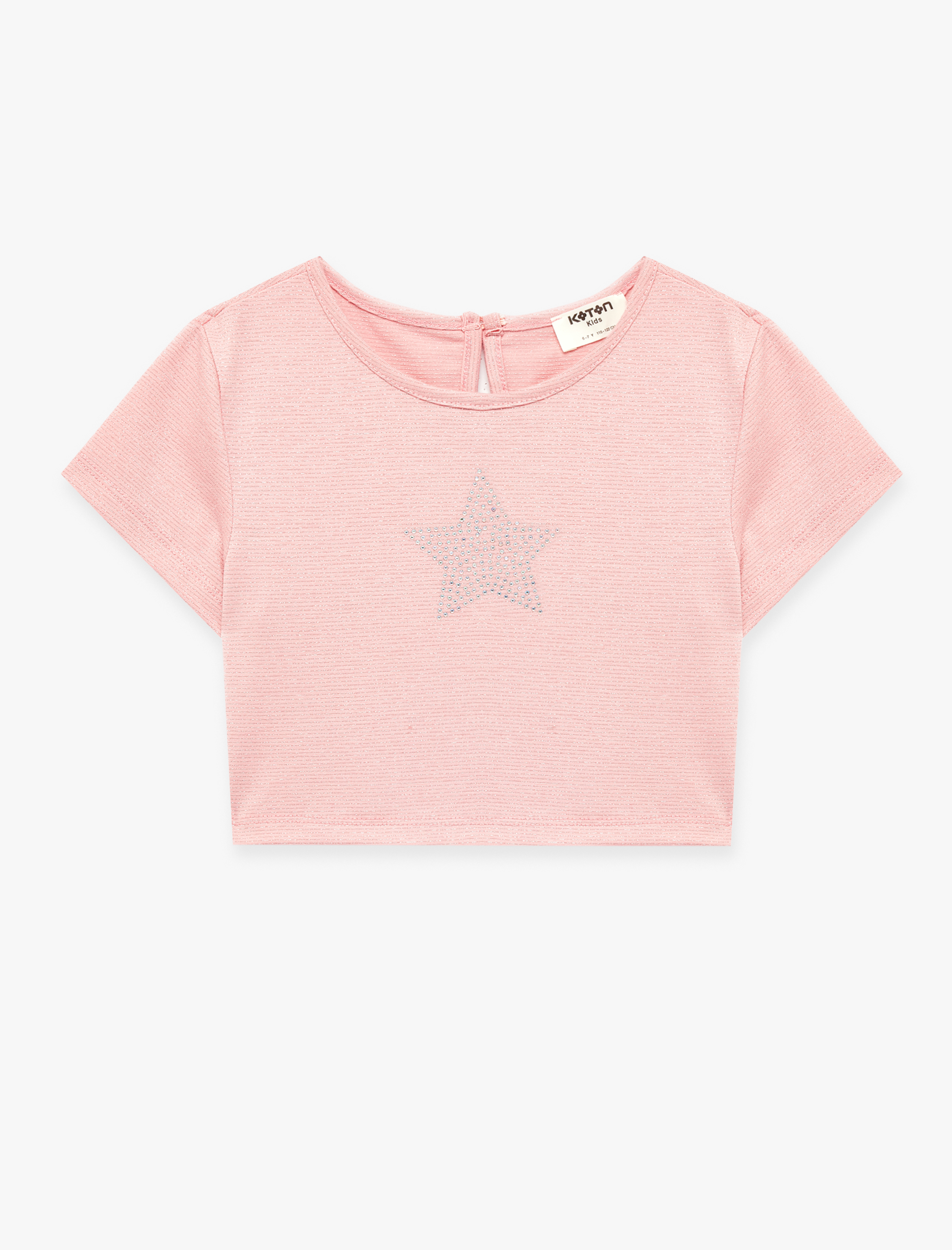  Kız Çocuk Taş Detaylı Yıldızlı Viskon Karışımlı Kısa Kollu Bisiklet Yaka Crop Bluz