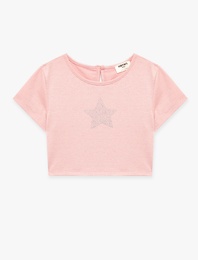 Taş Detaylı Yıldızlı Viskon Karışımlı Kısa Kollu Bisiklet Yaka Crop Bluz