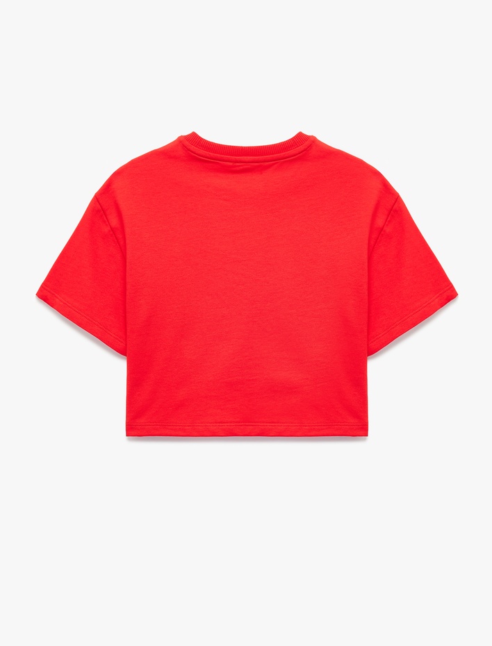 Kız Çocuk Bisiklet Yaka Kısa Kollu Rahat Kalıp Pamuklu Crop Baskılı Tişört