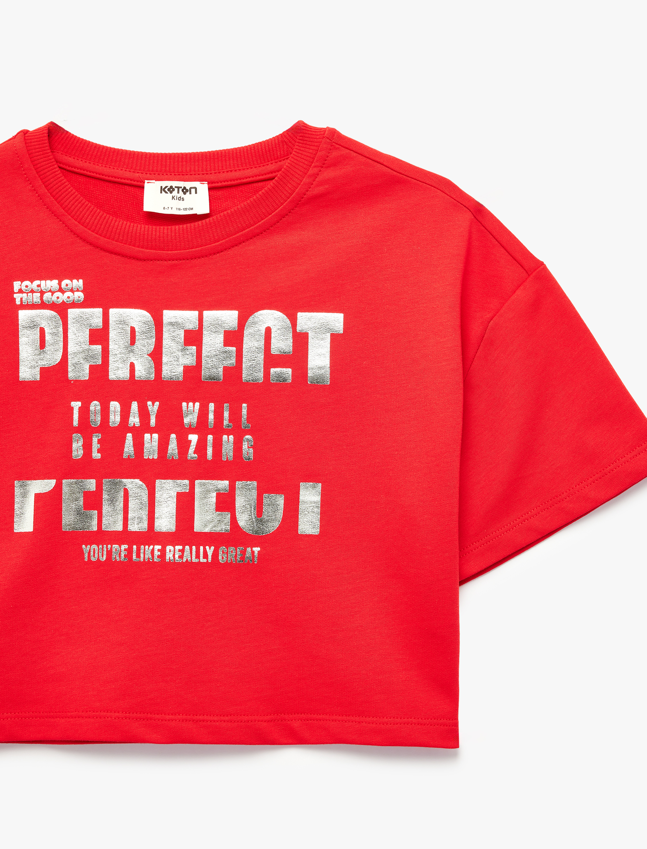  Kız Çocuk Bisiklet Yaka Kısa Kollu Rahat Kalıp Pamuklu Crop Baskılı Tişört