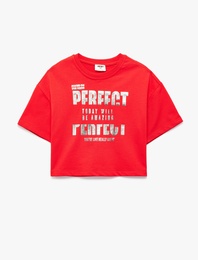 Bisiklet Yaka Kısa Kollu Rahat Kalıp Pamuklu Crop Baskılı Tişört