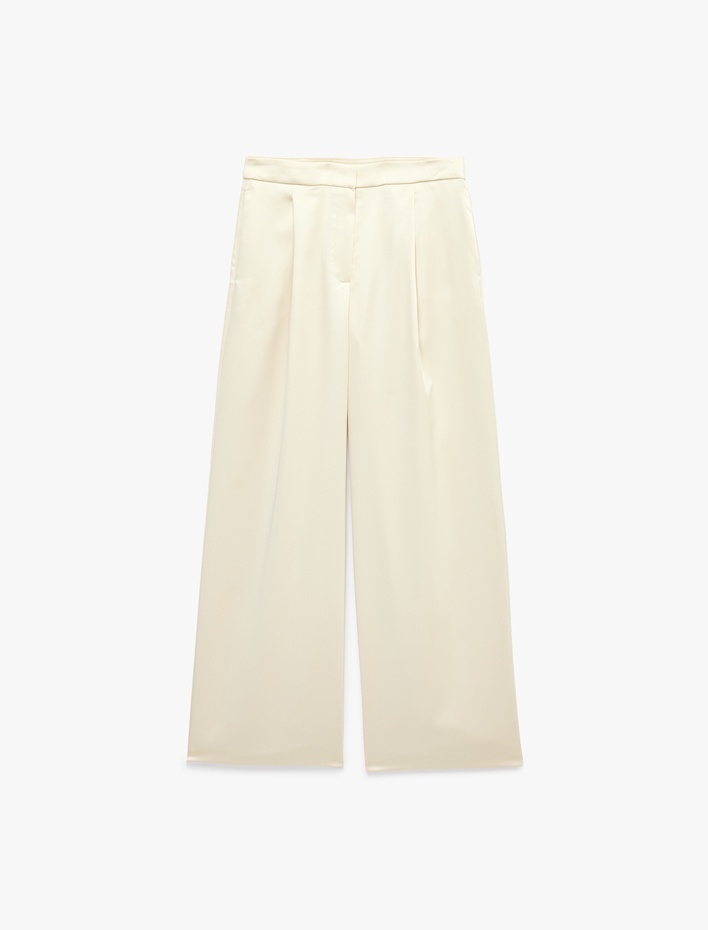  Regular Fit Geniş Paça Cep Detaylı Pileli Saten Pantolon