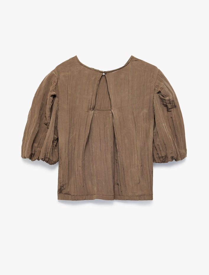  Bisiklet Yaka Kısa Balon Kollu Saten Bluz