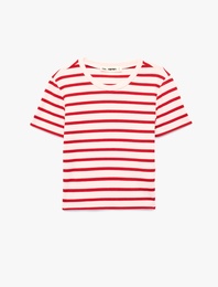 Slim Fit Viskon Karışımlı Kısa Kollu Bisiklet Yaka Çizgili Tişört