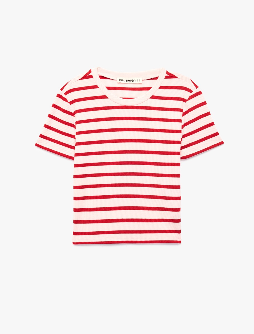 Kırmızı Slim Fit Viskon Karışımlı Kısa Kollu Bisiklet Yaka Çizgili