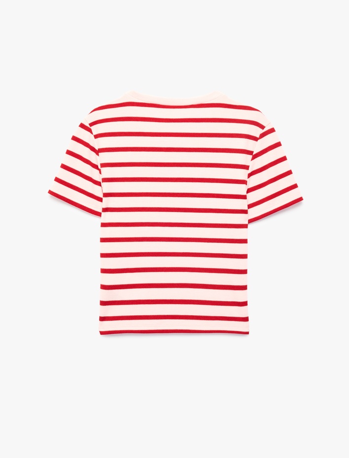  Slim Fit Viskon Karışımlı Kısa Kollu Bisiklet Yaka Çizgili Tişört