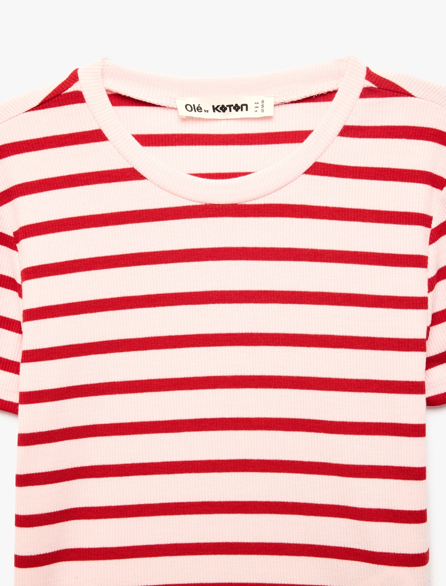 Kırmızı Slim Fit Viskon Karışımlı Kısa Kollu Bisiklet Yaka Çizgili