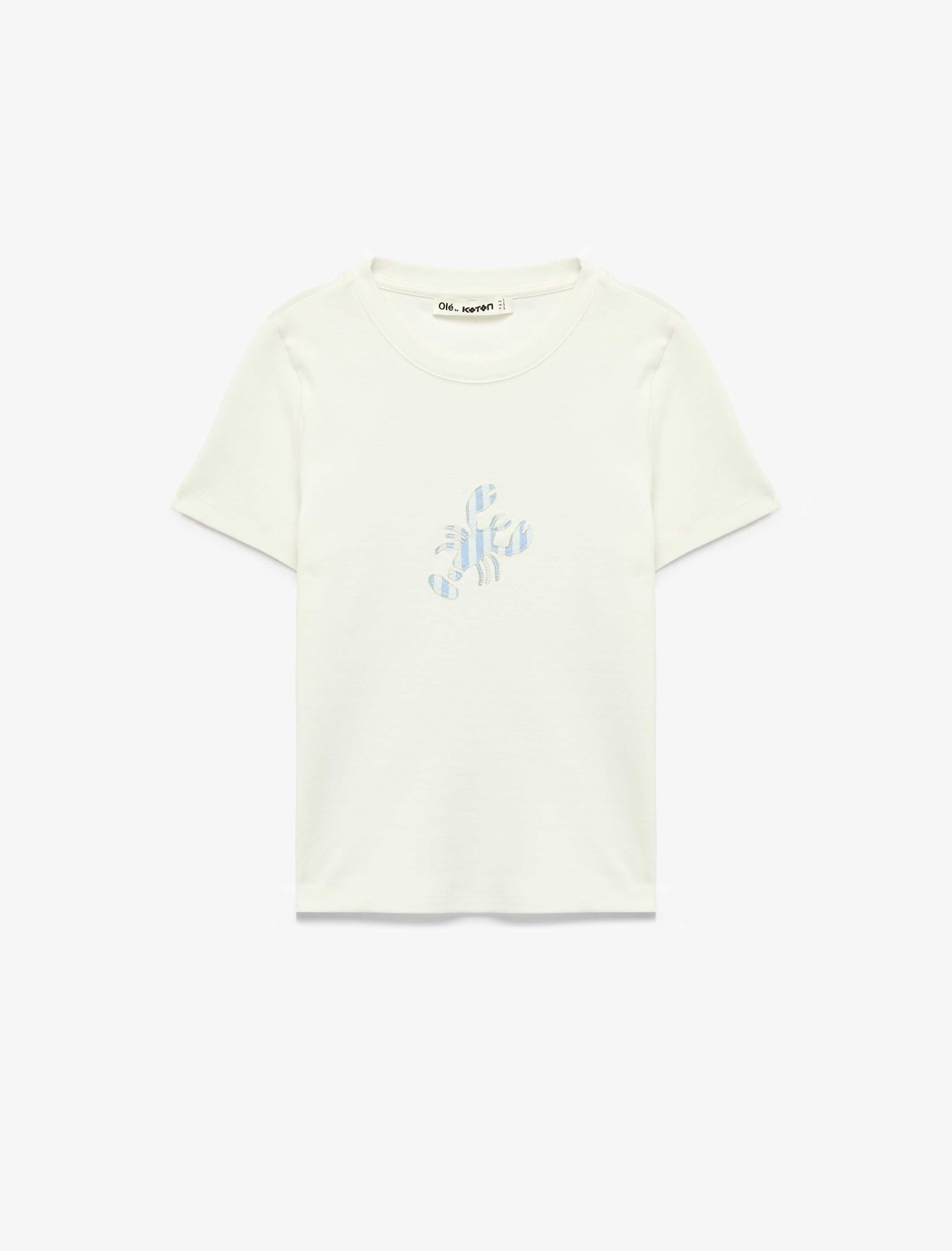   Pamuklu Slim Fit Kısa Kollu Bisiklet Yaka Yengeç Nakışlı Tişört