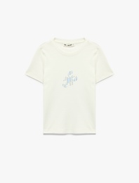 Pamuklu Slim Fit Kısa Kollu Bisiklet Yaka Yengeç Nakışlı Tişört