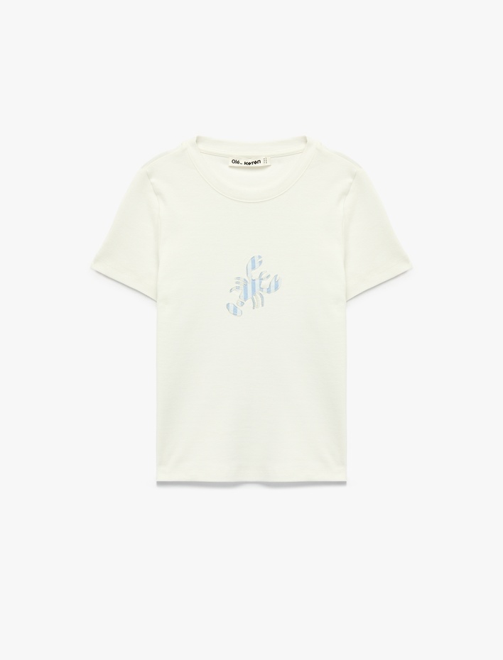  Pamuklu Slim Fit Kısa Kollu Bisiklet Yaka Yengeç Nakışlı Tişört