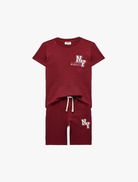 Bisiklet Yaka Kısa Kollu Pamuklu Baskılı Tişört Şort Takımı - 2'li Set