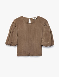 Bisiklet Yaka Kısa Balon Kollu Saten Bluz