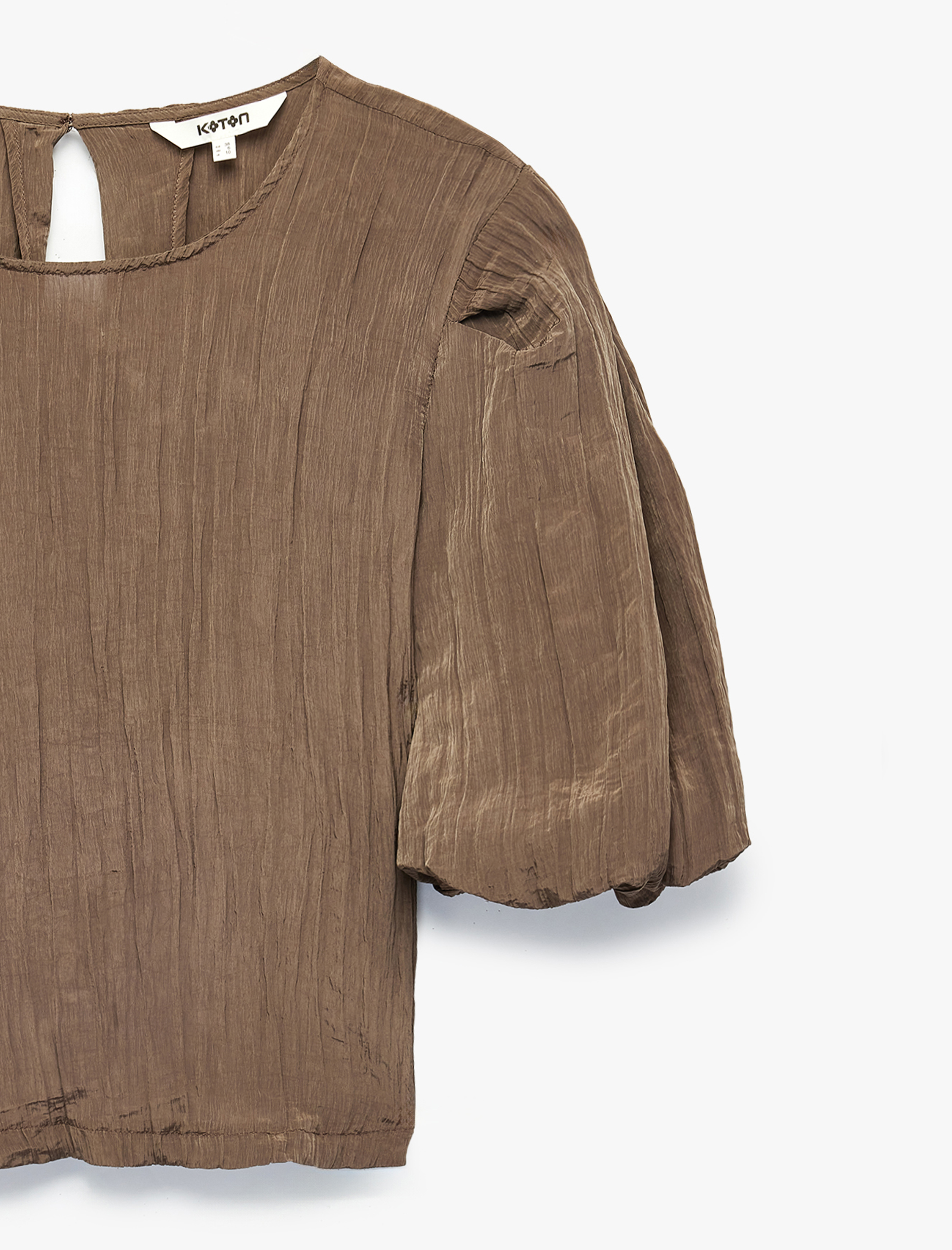   Bisiklet Yaka Kısa Balon Kollu Saten Bluz