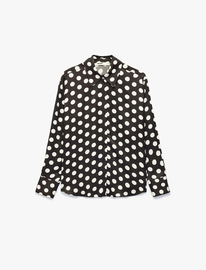  Uzun Kollu Klasik Yaka Düğmeli Viskon Puantiyeli Saten Gömlek