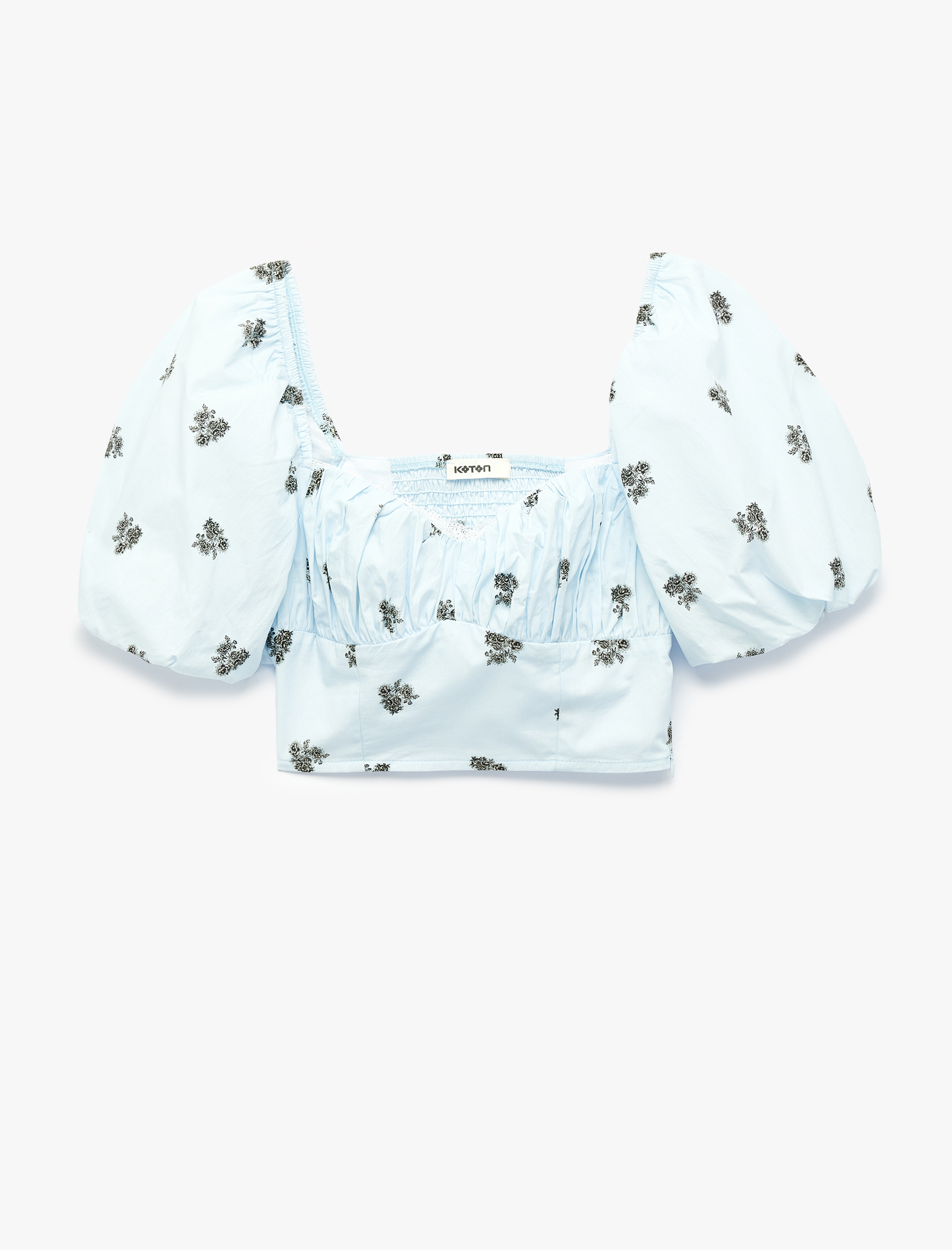   Slim Fit Kalp Yaka Gipeli Kısa Çiçekli Balon Kollu Crop Büstiyer