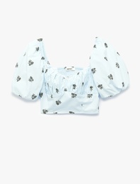 Slim Fit Kalp Yaka Gipeli Kısa Çiçekli Balon Kollu Crop Büstiyer