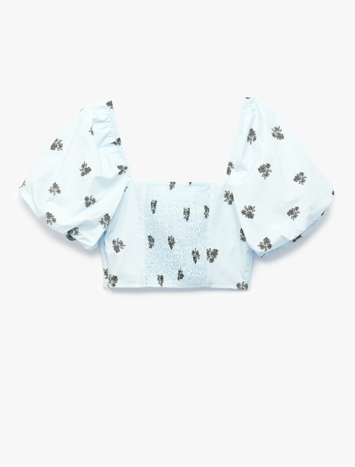  Slim Fit Kalp Yaka Gipeli Kısa Çiçekli Balon Kollu Crop Büstiyer