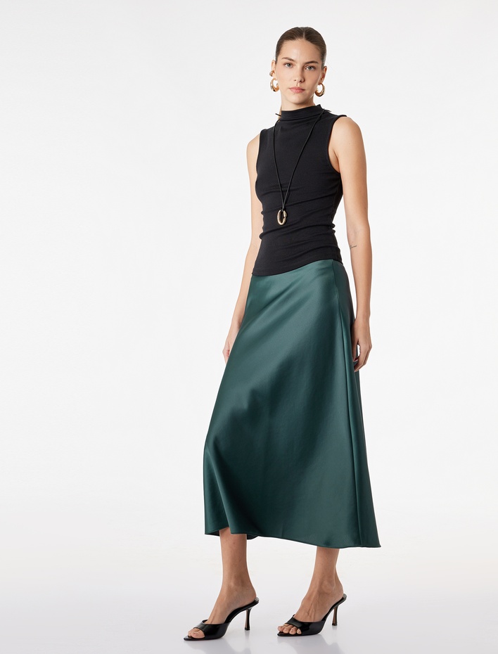  Beli Lastikli Balık Kesim Midi Saten Etek