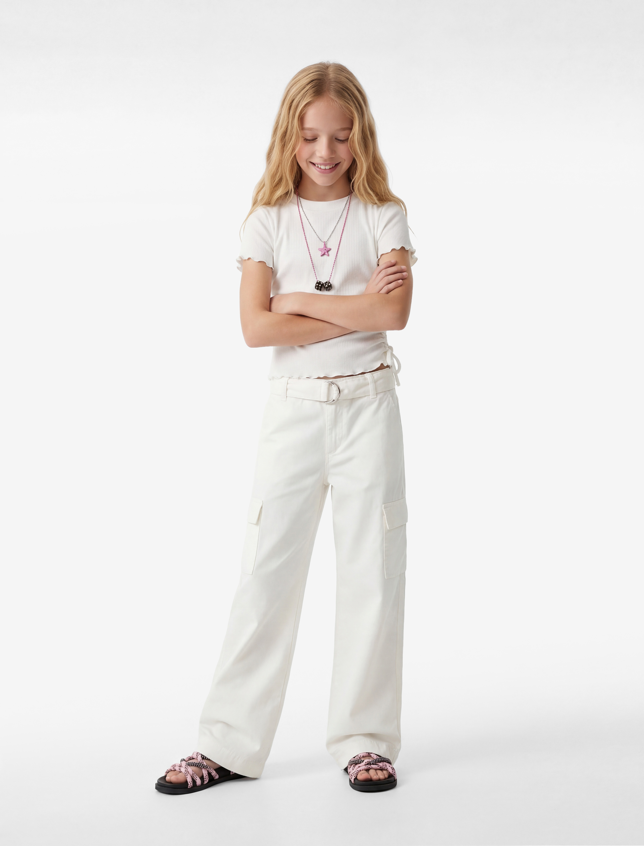  Kız Çocuk Pamuklu Büzgülü Kısa Kollu Bisiklet Yaka Tişört