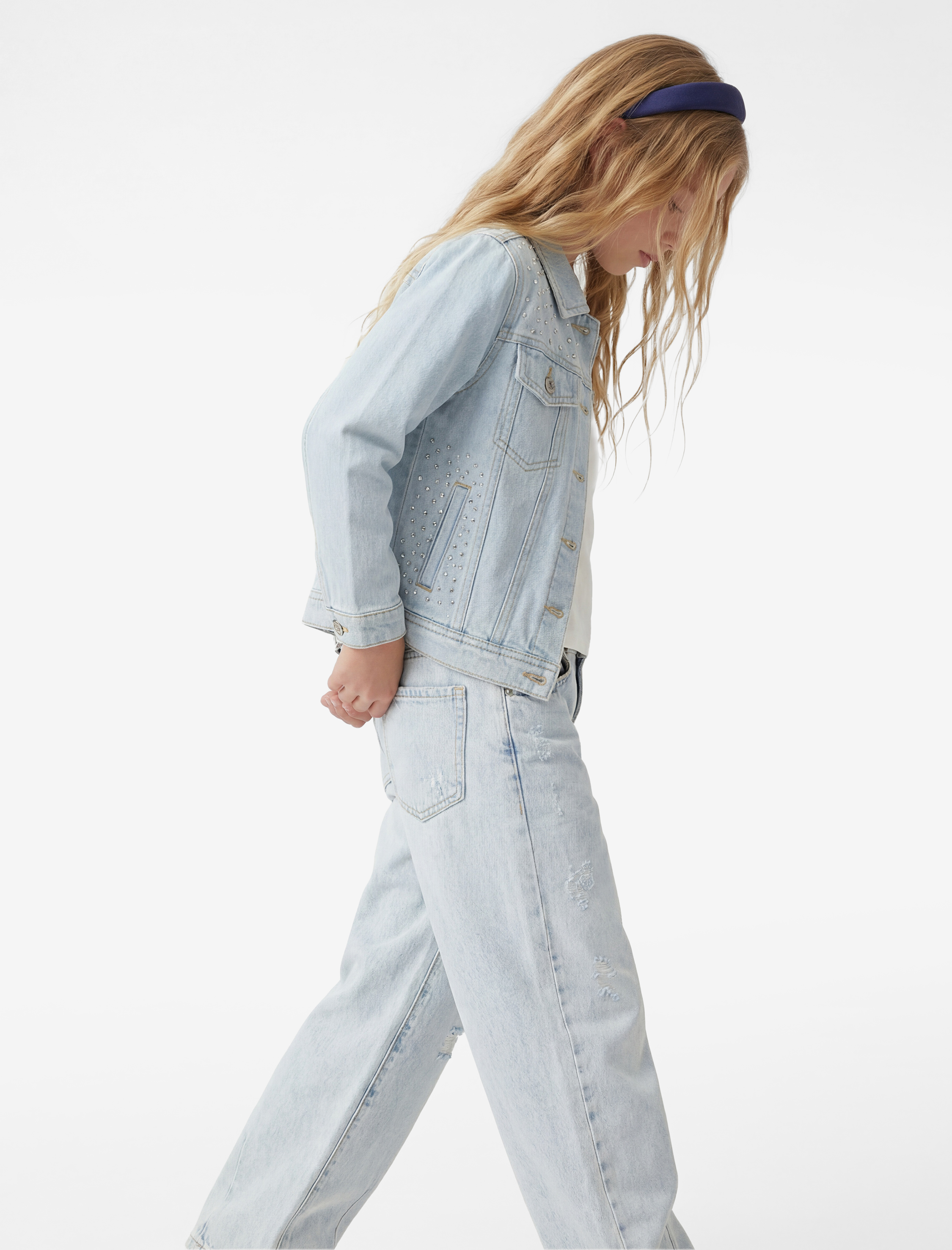  Kız Çocuk Pamuklu Taş Detaylı Uzun Kollu Gömlek Yaka Jean Ceket