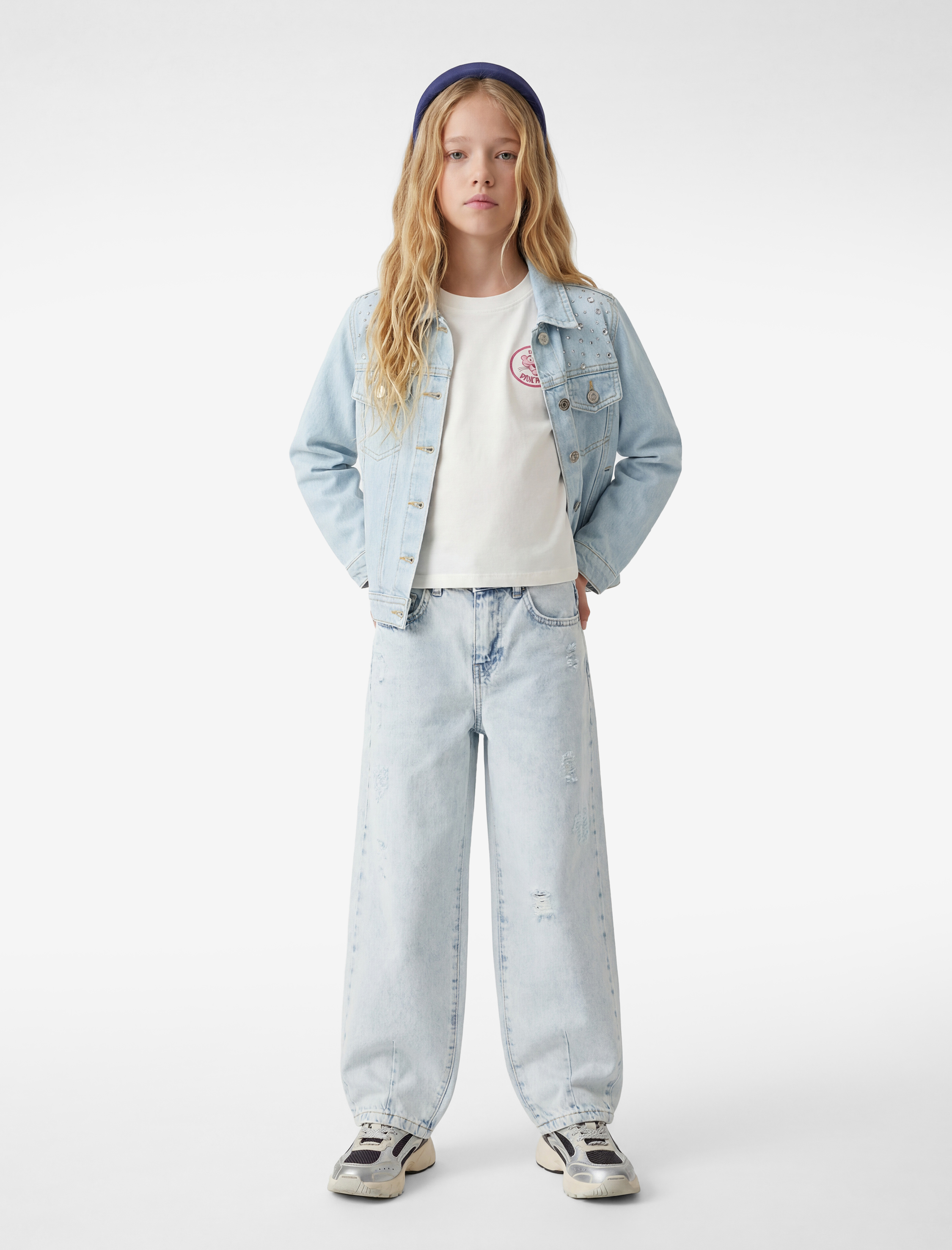  Kız Çocuk Pamuklu Taş Detaylı Uzun Kollu Gömlek Yaka Jean Ceket