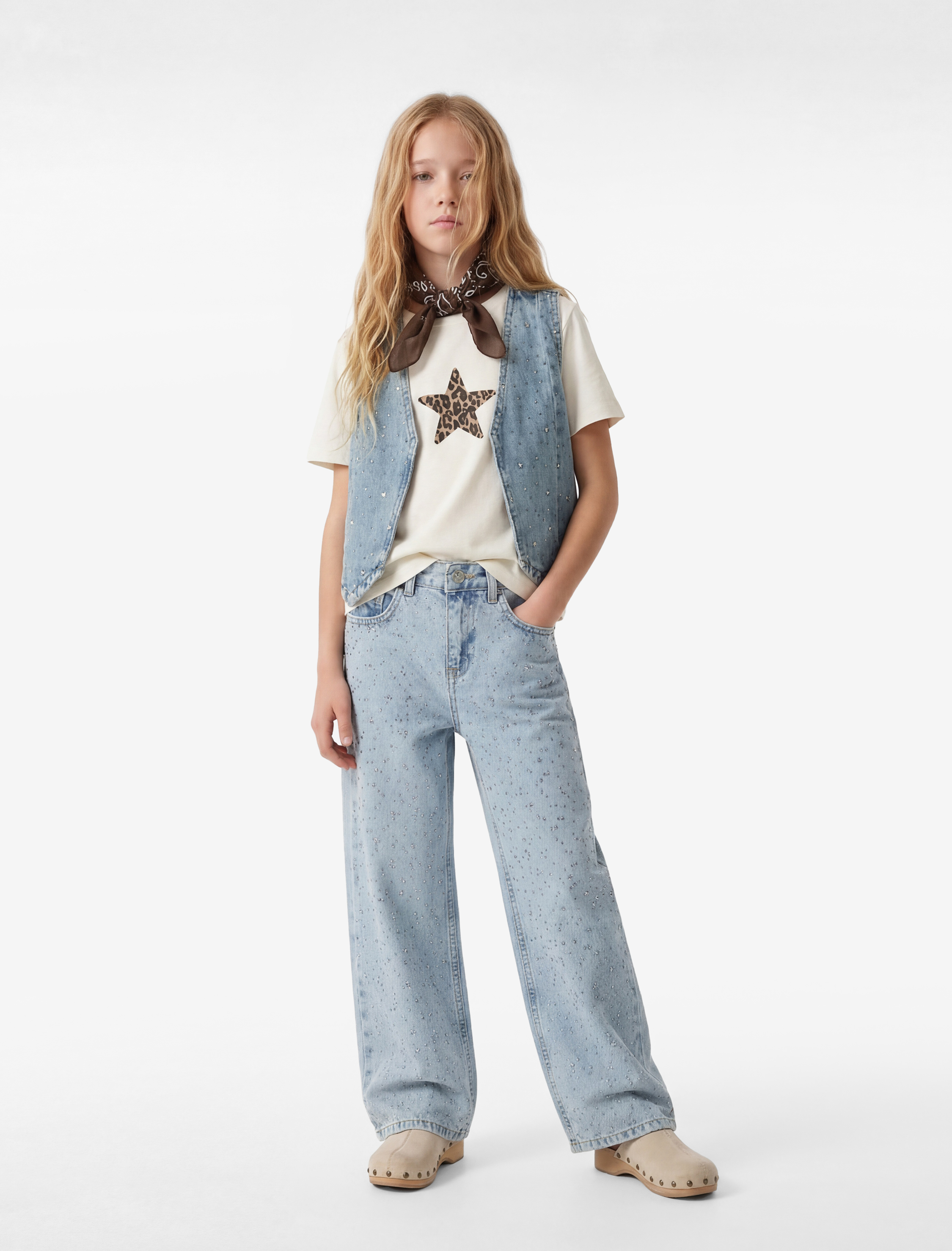  Kız Çocuk Yıldız Detaylı Pamuklu Kolsuz V Yaka Denim Yelek