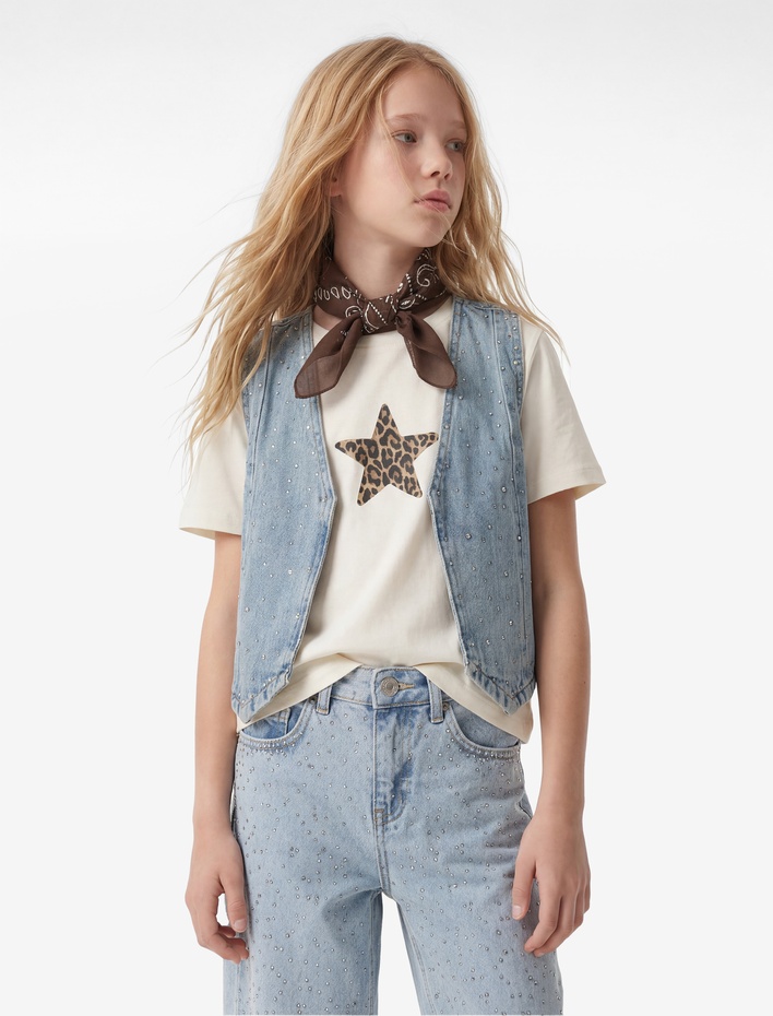 Kız Çocuk Yıldız Detaylı Pamuklu Kolsuz V Yaka Denim Yelek