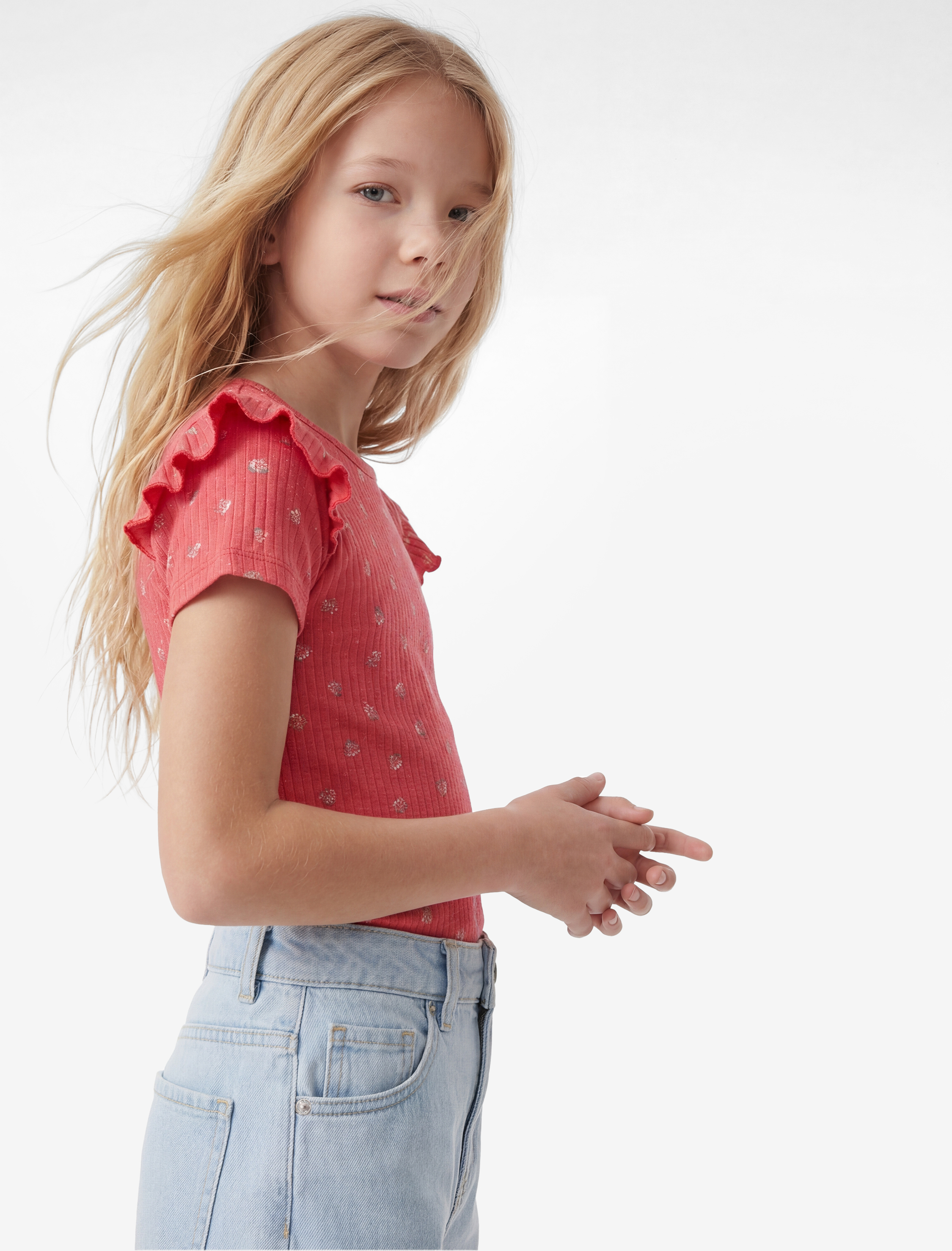 Kız Çocuk Slim Fit Kısa Kollu Bisiklet Yaka Kiraz Baskılı Fırfır Detaylı Tişört