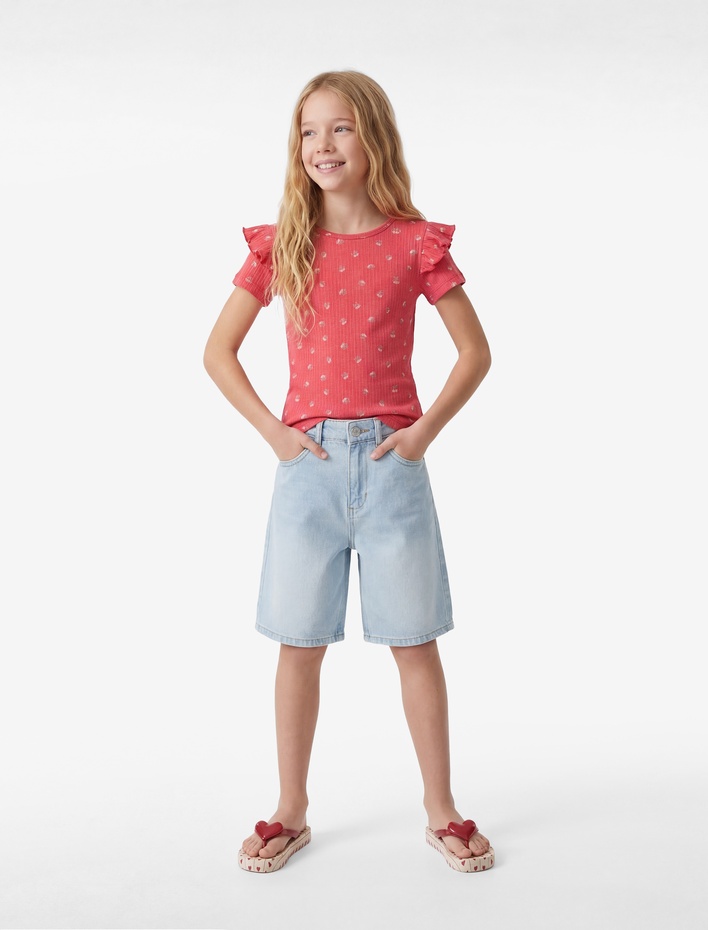 Kız Çocuk Slim Fit Kısa Kollu Bisiklet Yaka Kiraz Baskılı Fırfır Detaylı Tişört