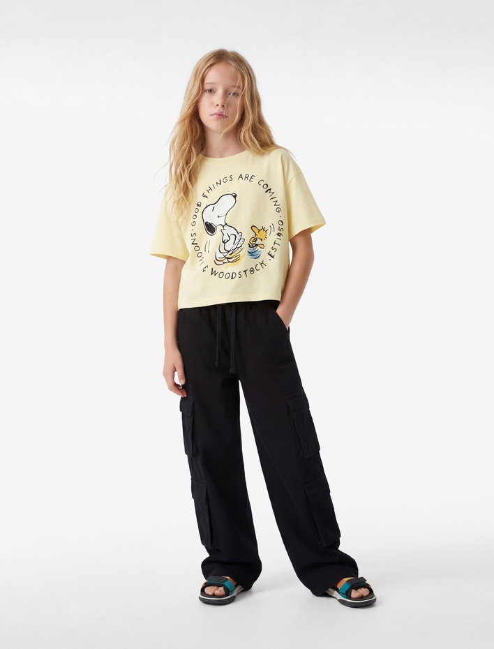 Kız Çocuk Snoopy Baskılı Bisiklet Yaka Kısa Kollu Pamuklu Lisanslı Tişört
