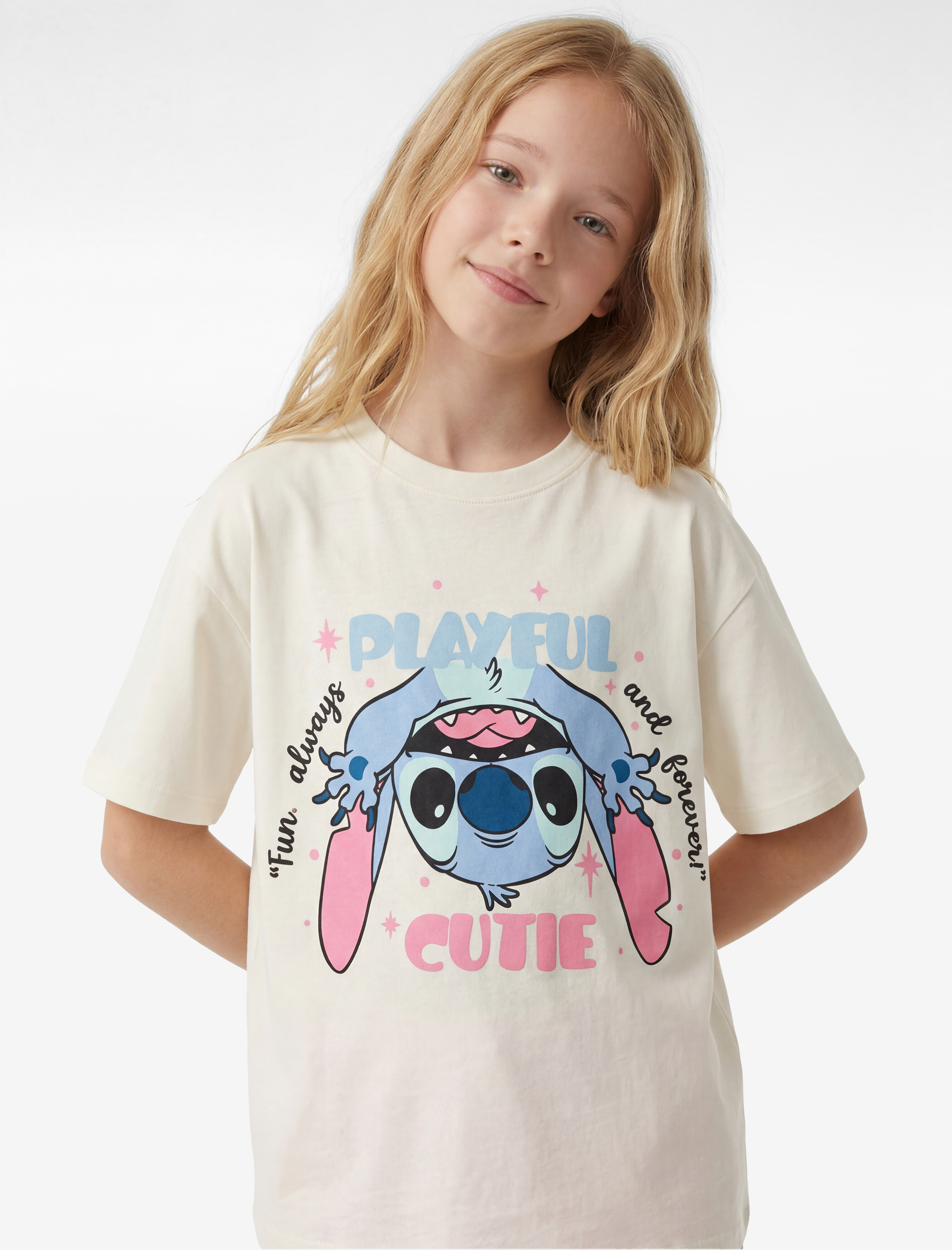  Kız Çocuk Stitch Baskılı Kısa Kollu Bisiklet Yaka Pamuklu Lisanslı Tişört