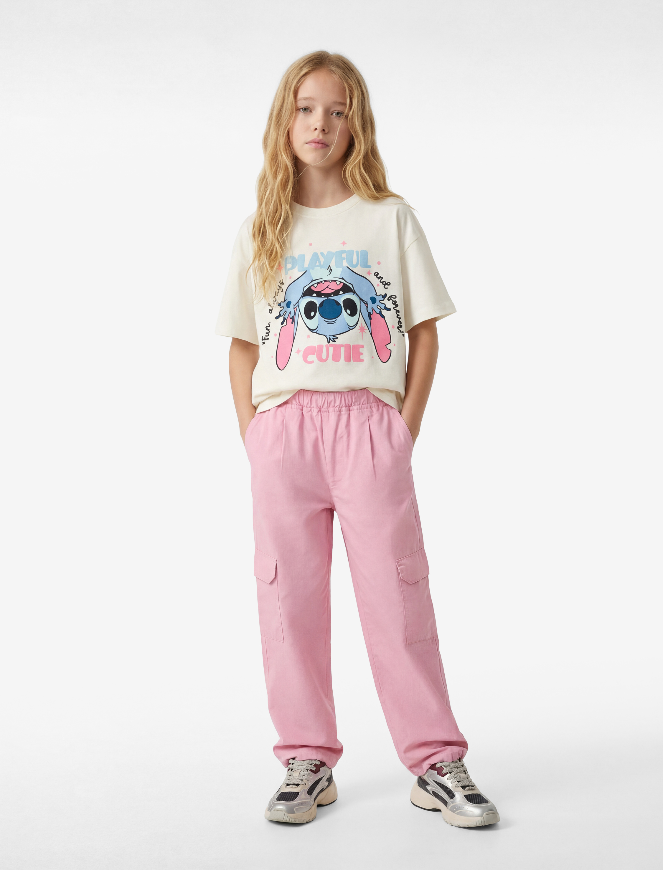  Kız Çocuk Stitch Baskılı Kısa Kollu Bisiklet Yaka Pamuklu Lisanslı Tişört