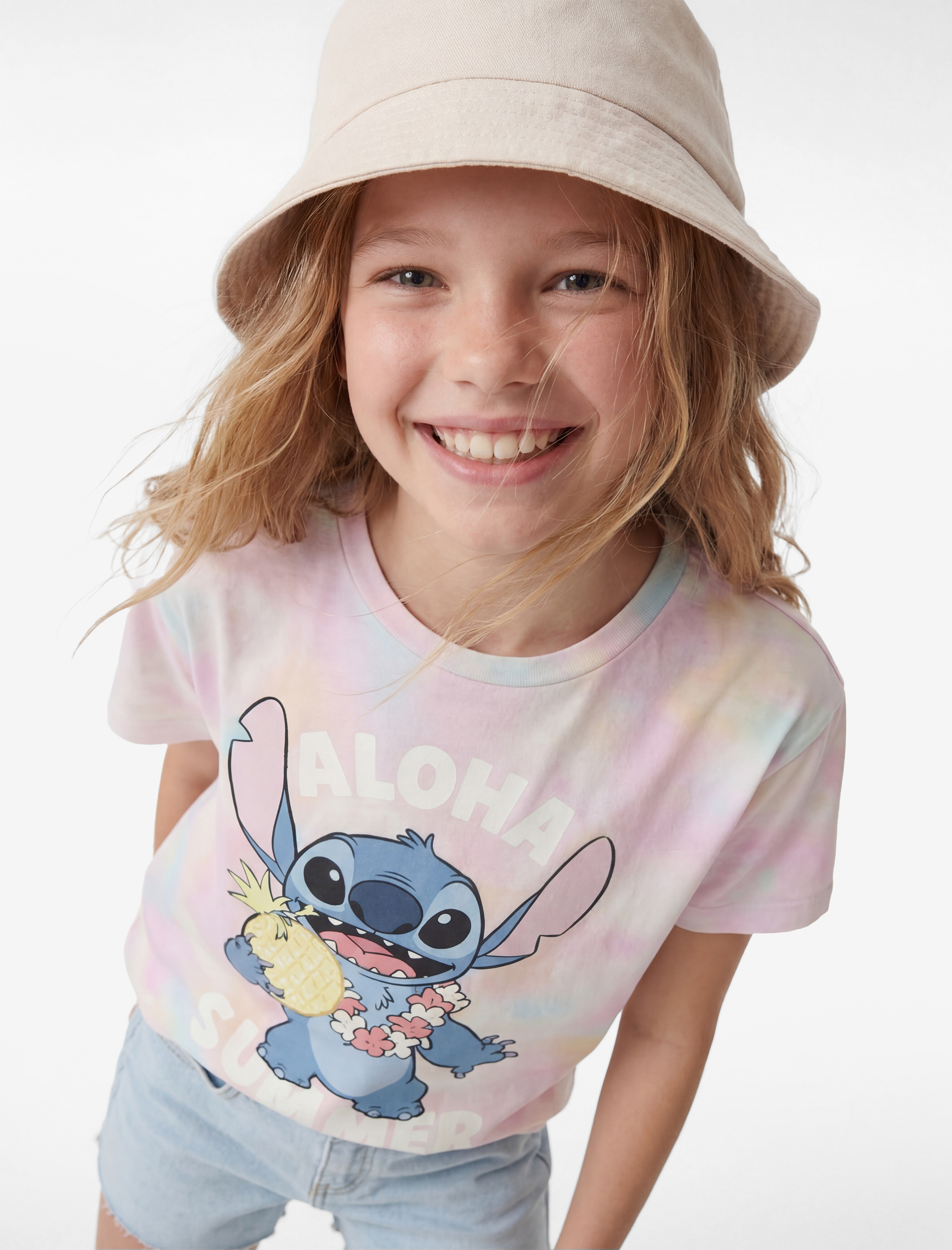  Kız Çocuk Lisanslı Stitch Baskılı Kısa Kollu Bisiklet Yaka Tişört