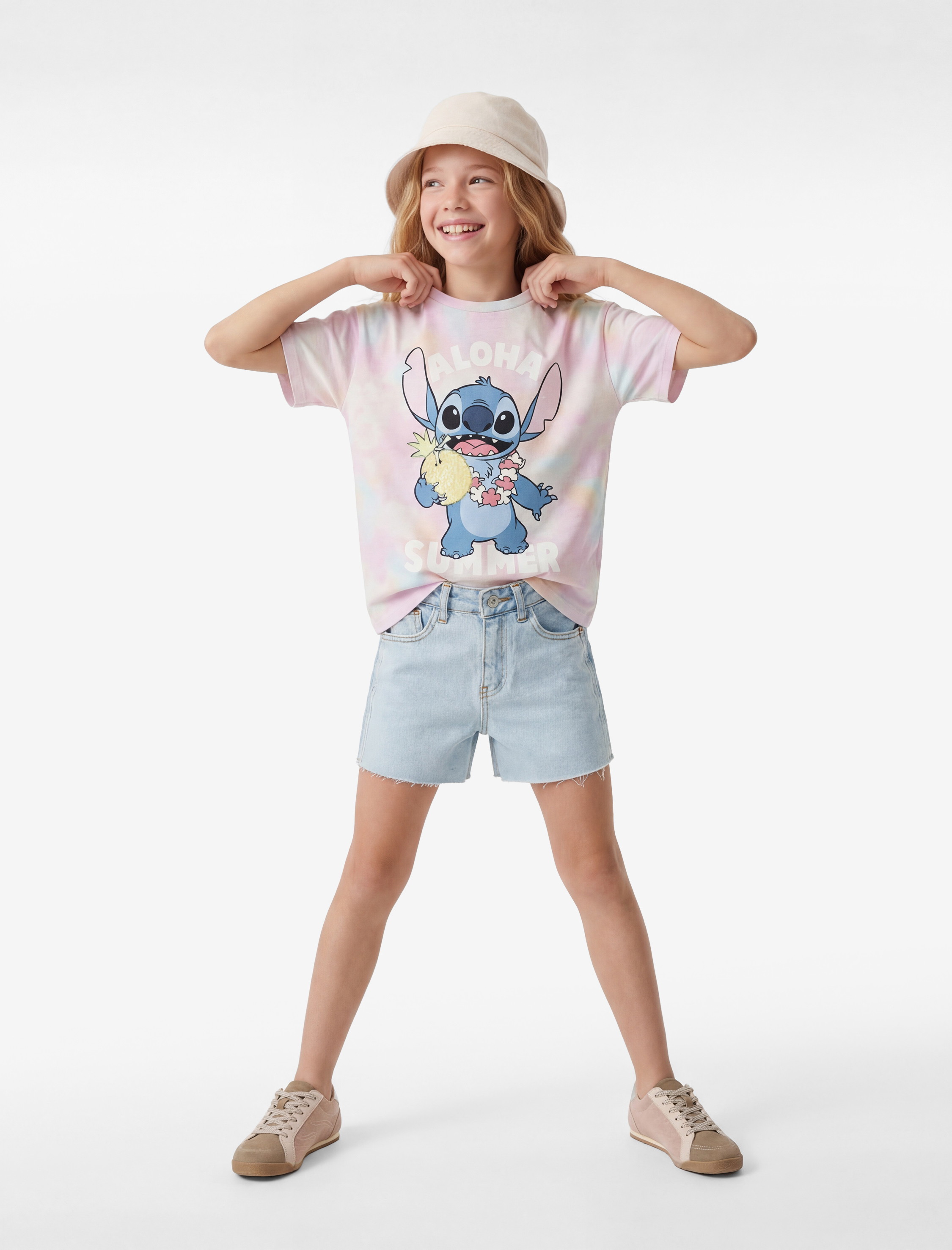  Kız Çocuk Lisanslı Stitch Baskılı Kısa Kollu Bisiklet Yaka Tişört