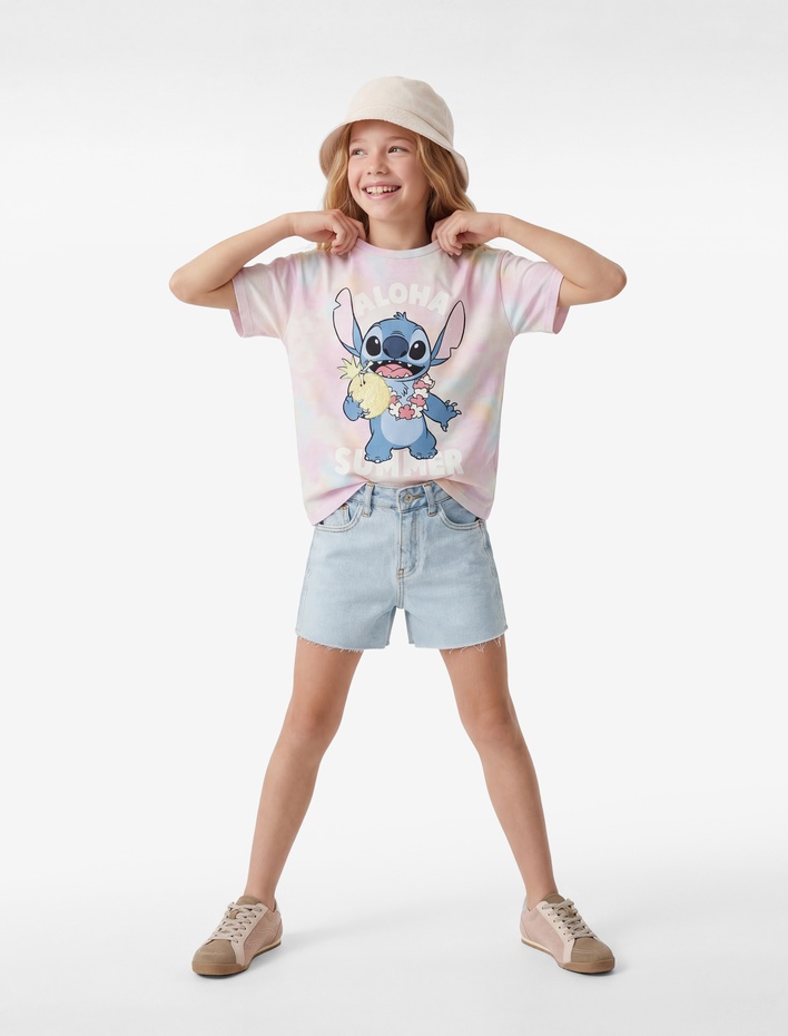 Kız Çocuk Lisanslı Stitch Baskılı Kısa Kollu Bisiklet Yaka Tişört