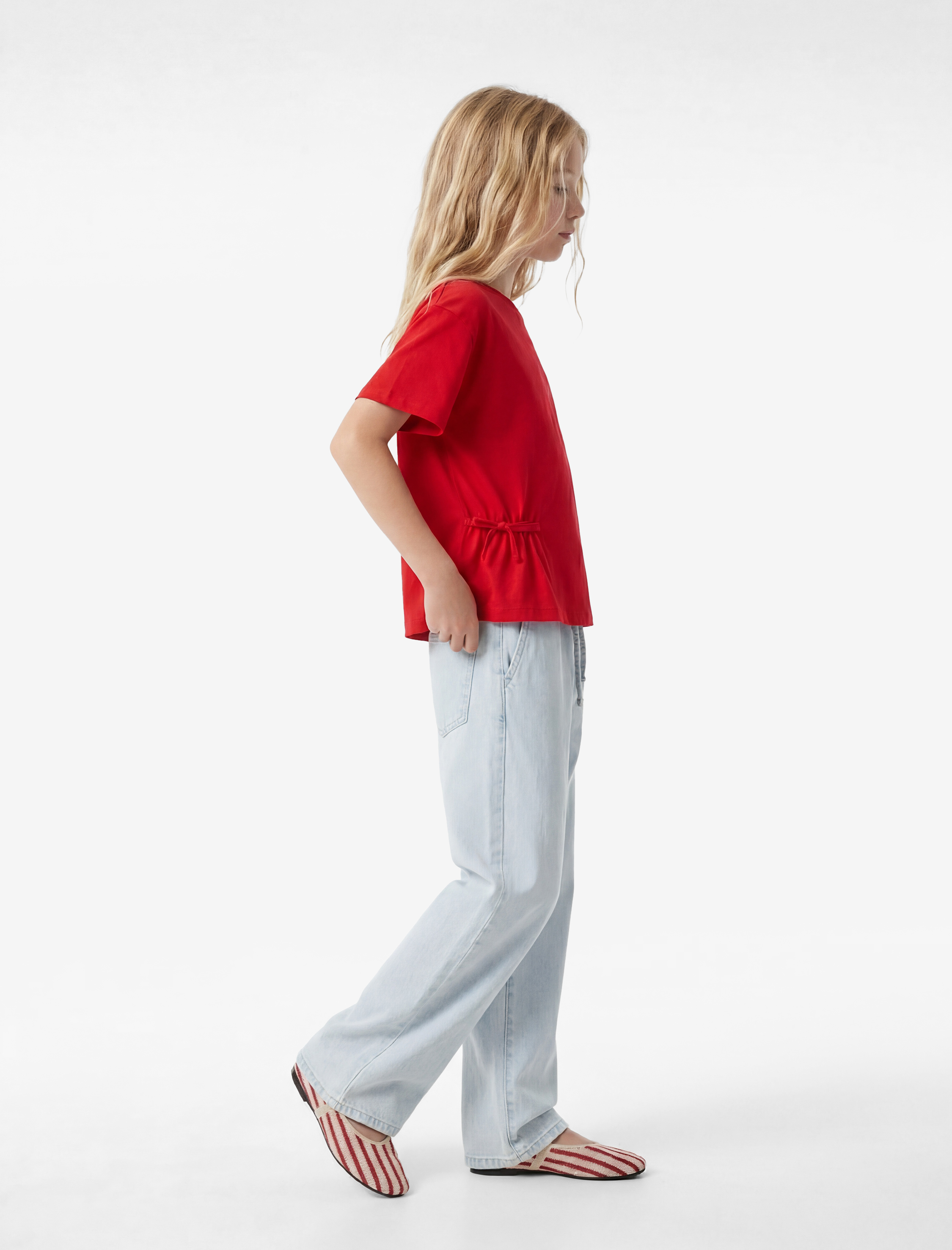  Kız Çocuk Bisiklet Yaka Kısa Kollu Pamuklu Büzgülü Tişört